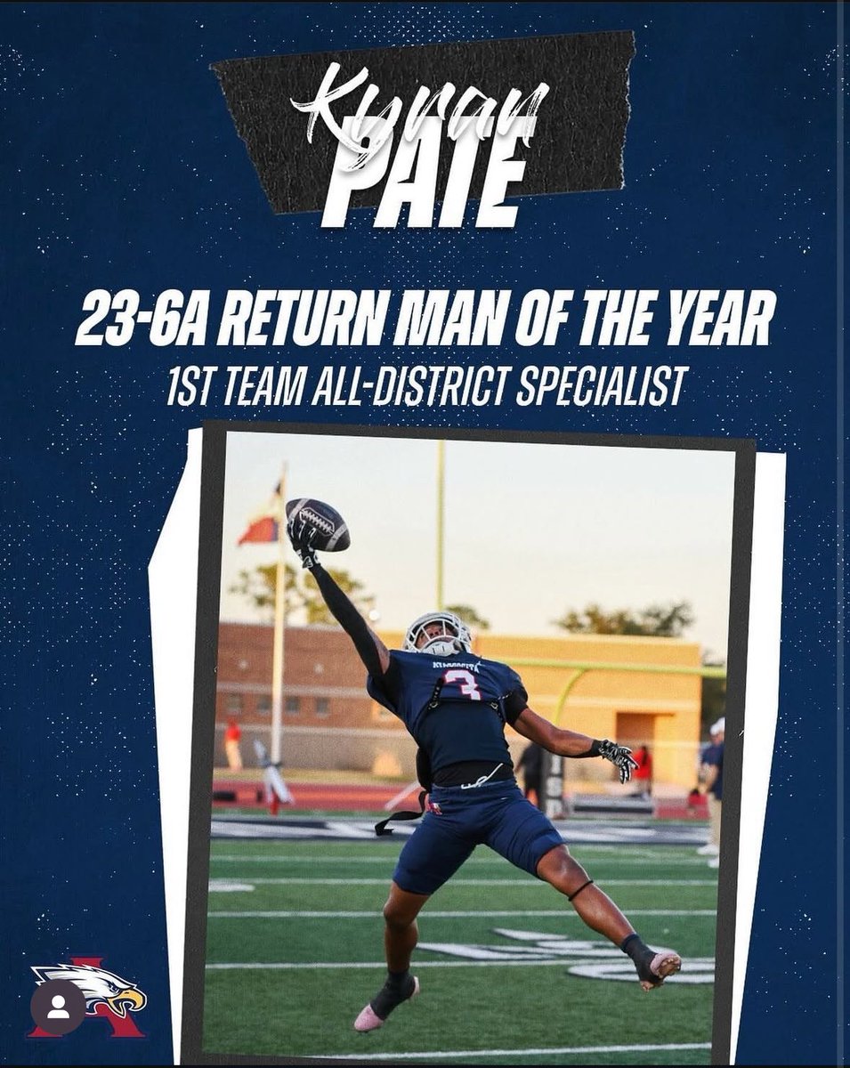 KyranPate1's tweet image. 1700 all purpose yards
964 return yards (3 90+yd Tds)
broke the single season return yard record
broke the career return yards record,
1st team all-district Wr
23-6A return man of of the year
740 receiving yards
7 total tds.
Thank you for everything atascocita🫶🏾 @AHSEagleFB