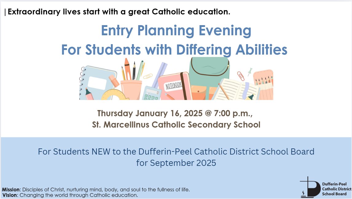 Reminder: On Thurs. Jan. 16th, 2025, <a href="/DP_SELS/">DP_SELS</a> is hosting an information session to support entry planning and transition to school for parents/guardians of a child with differing abilities who will be new to the DPCDSB in Sept. 2025. Registration link: tinyurl.com/Entry-Planning