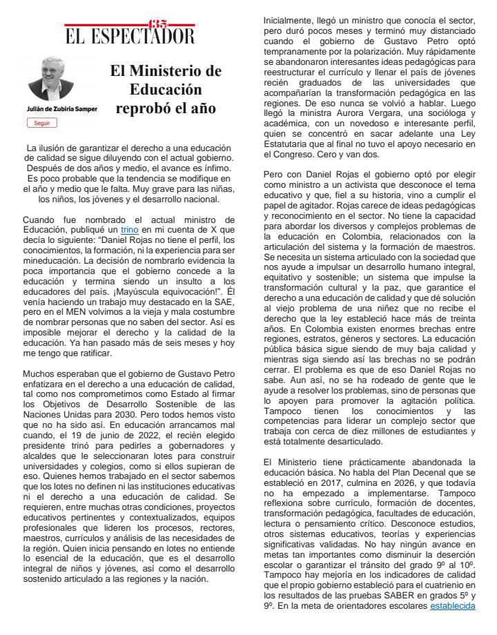 juliandezubiria's tweet image. En Colombia hemos abandonado el derecho a una educación de calidad. Ahora todo indica que volvimos a perder otros cuatro años en los que se podrían haber impulsado los cambios que necesita la educación. En nueva columna realizo un balance del MEN en 2024. La comparto libremente: