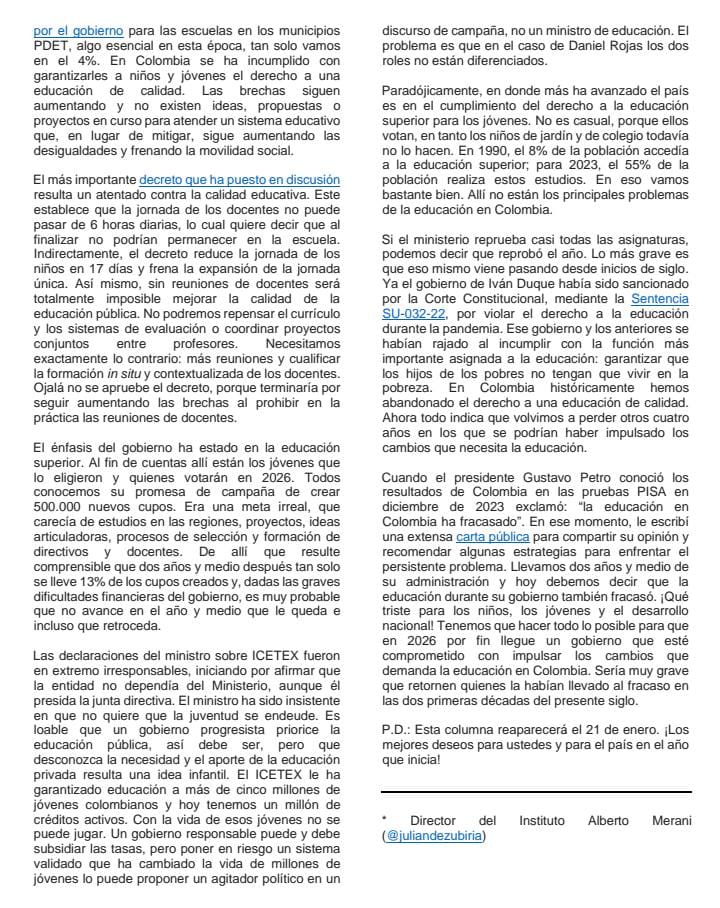 juliandezubiria's tweet image. En Colombia hemos abandonado el derecho a una educación de calidad. Ahora todo indica que volvimos a perder otros cuatro años en los que se podrían haber impulsado los cambios que necesita la educación. En nueva columna realizo un balance del MEN en 2024. La comparto libremente: