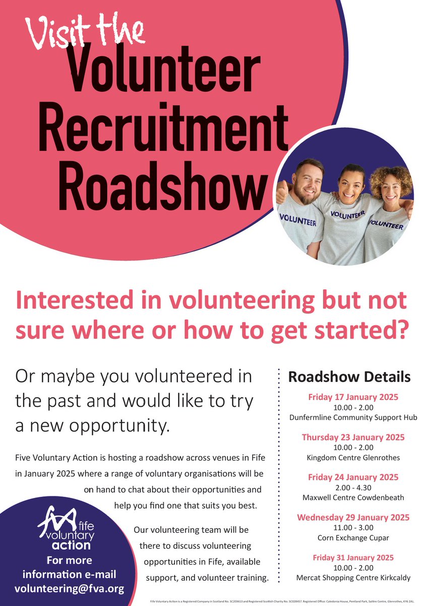 We are hosting a volunteer recruitment roadshow where a range of voluntary organisations will chat about their opportunities &amp; find one that suits you best.

17 January - Dunfermline
23 January - Glenrothes
24 January - Cowdenbeath
29 January - Cupar
31 January - Kirkcaldy