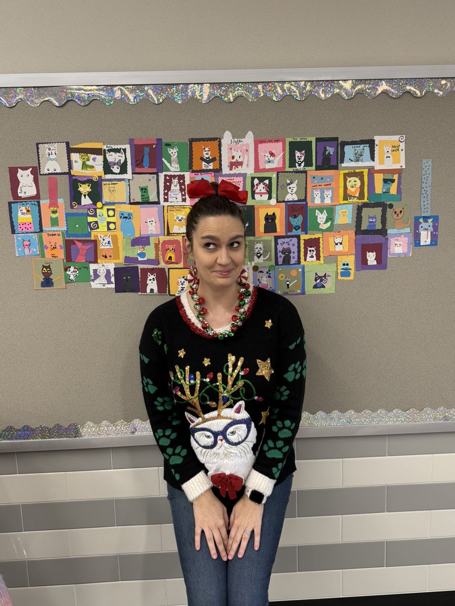 It’s ugly sweater day and the kids know, it’s no secret…Mrs. Clark is a crazy cat lady 😻 #OLEUGLYSWEATER24 <a href="/OLE_Leopards/">Leonard Elementary</a>