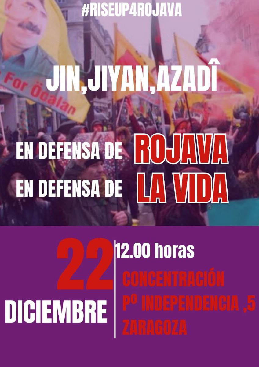 CNT_Zaragoza's tweet photo. 🟡🔴🟢 En defensa de la Administración Autónoma del Noreste de Siria por los ataques sufridos por parte de milicias patrocinadas por Turquía. CONCENTRACIÓN frente al consulado turco en Zaragoza.
#jinjiyanazadi #riseuprojava https://t.co/KWDzZ9mFsk