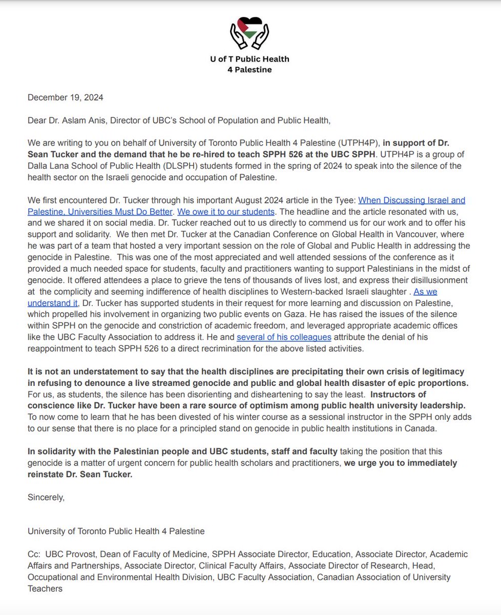 U of T Public Health 4 Palestine (@utph4p) on Twitter photo We submitted this letter to <a href="/ubcspph/">UBC's School of Population and Public Health</a> to express our dismay after <a href="/SeanTucker16/">Sean Tucker</a> was dismissed from his teaching position, seemingly for his efforts to create a space to discuss the genocide in Palestine. We urge the SPPH to re-instate Dr. Tucker.
drive.google.com/file/d/1tJ3xMh… We submitted this letter to <a href="/ubcspph/">UBC's School of Population and Public Health</a> to express our dismay after <a href="/SeanTucker16/">Sean Tucker</a> was dismissed from his teaching position, seemingly for his efforts to create a space to discuss the genocide in Palestine. We urge the SPPH to re-instate Dr. Tucker.
drive.google.com/file/d/1tJ3xMh…