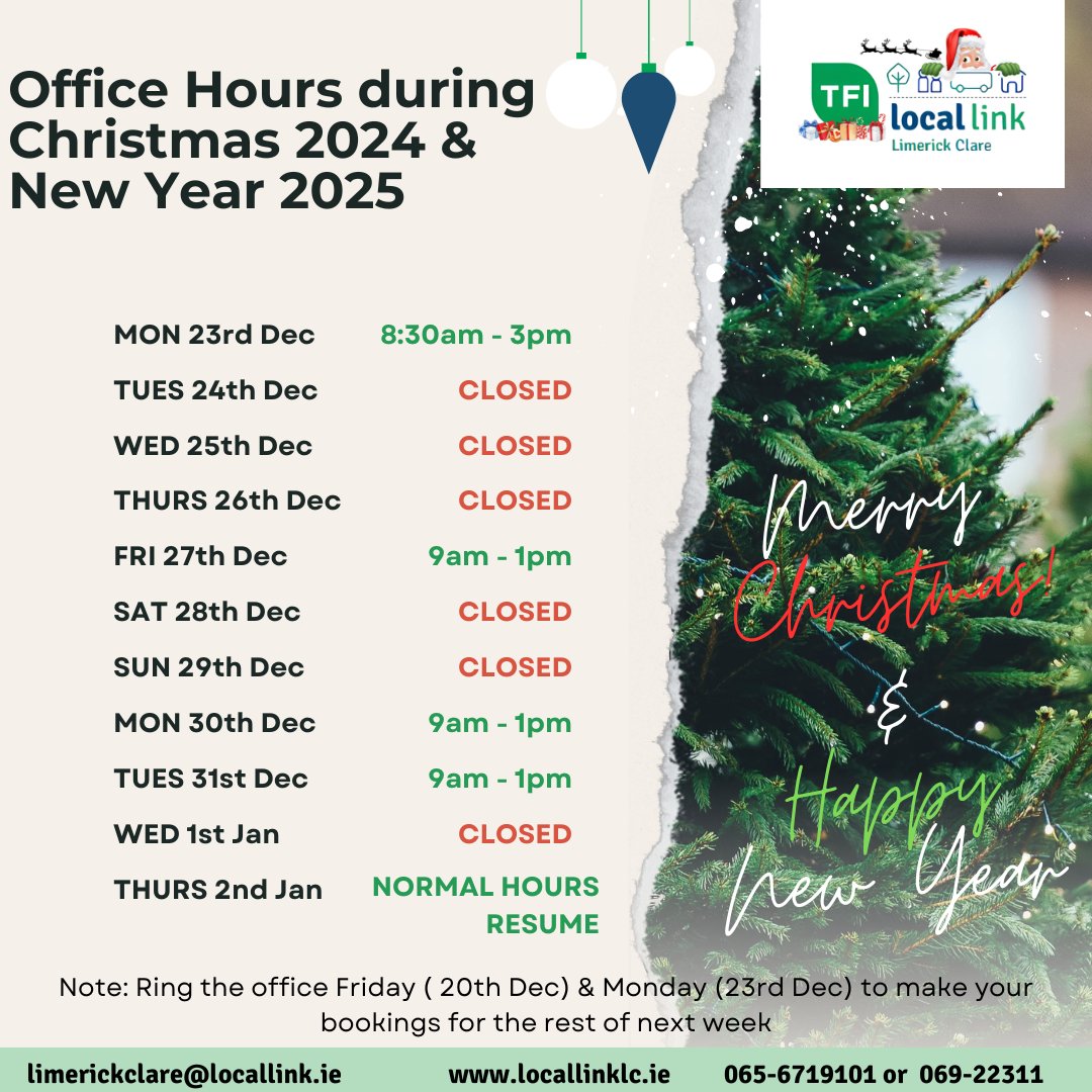 🎄Note our office hours during Christmas &amp; New Year✨

📞Ring the office Friday (20th Dec) &amp; Monday (23rd Dec) to make your bookings for the rest of next week.

🗓️Our Christmas &amp; New Year Timetable changes are also posted to see what services are operating during this period.