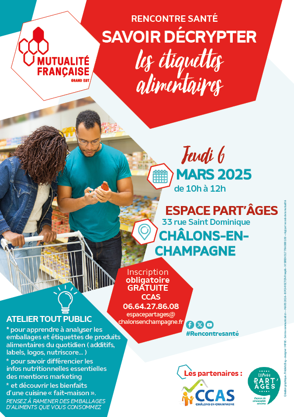 📅 06.03.2025 à #ChâlonsEnChampagne (51) : atelier #SavoirDécrypterLesEtiquettesAlimentaires | Objectif : aider les participants à contrôler la qualité de leur #alimentation &amp; manger + sainement | Gratuit | Inscriptions : 06 64 27 86 08 | Organisé avec <a href="/ChalonsAgglo/">Châlons et son Agglo</a>