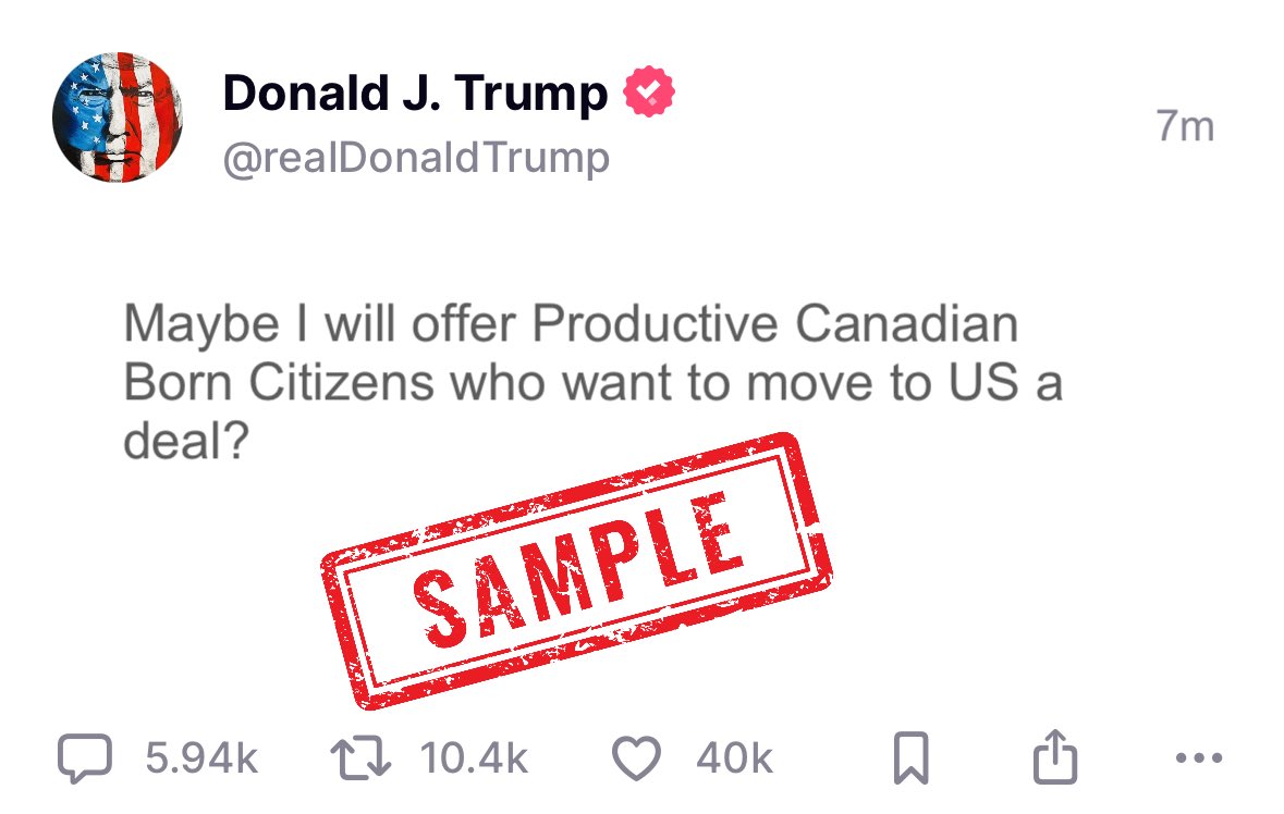 SatireSquadHQ's tweet image. 🇨🇦🇺🇸”What if” Trump did this would you go?🤔

First he deports millions of illegals.

Then Offers a Deal to Canadian Born Canadians with Birth Certificates who want to move to the US.

Give them 1-1 exchange for their dollars they bring with them. 

And fast track citizenship.…