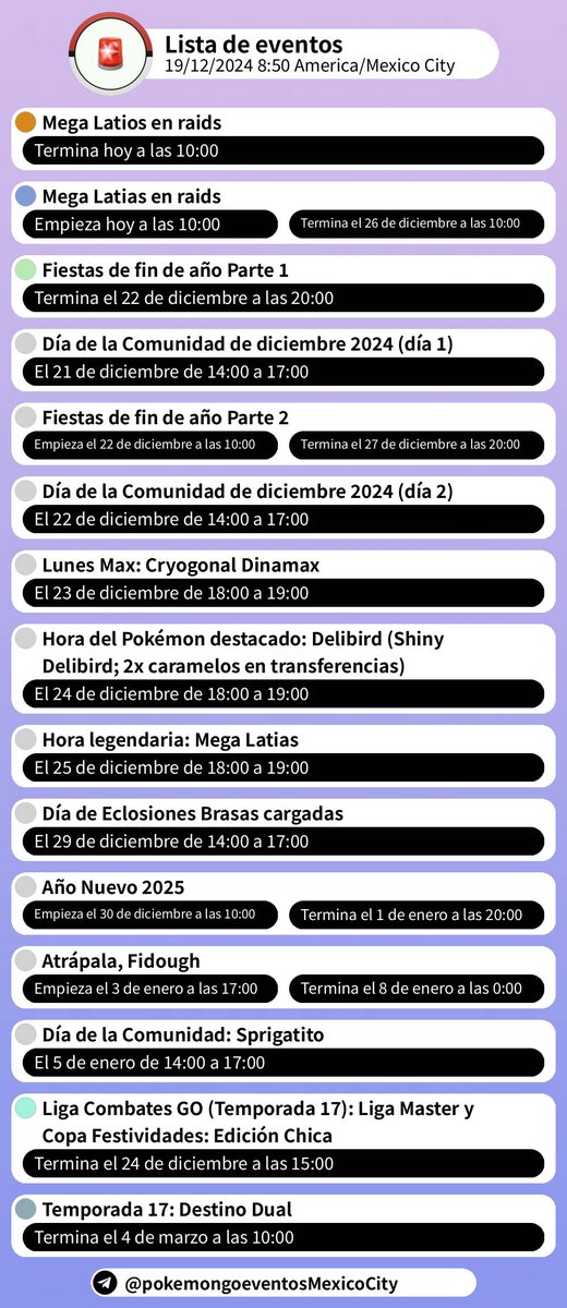 🌠 Lista de eventos
19/12/2024 8:50 America/Mexico City

Telegram: t.me/pokemongoevent…

#PokemonGO #Evento