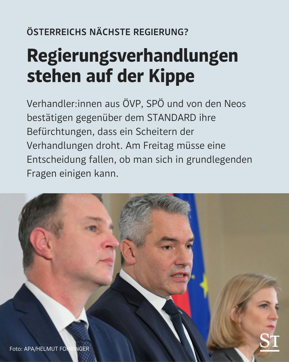 Nach Informationen des STANDARD steht das Zustandekommen einer türkis-rot-pinken Koalition derzeit auf der Kippe. Das bestätigen in Gesprächen Vertreter aus ÖVP, SPÖ sowie auch der Neos: derstandard.at/story/30000002…