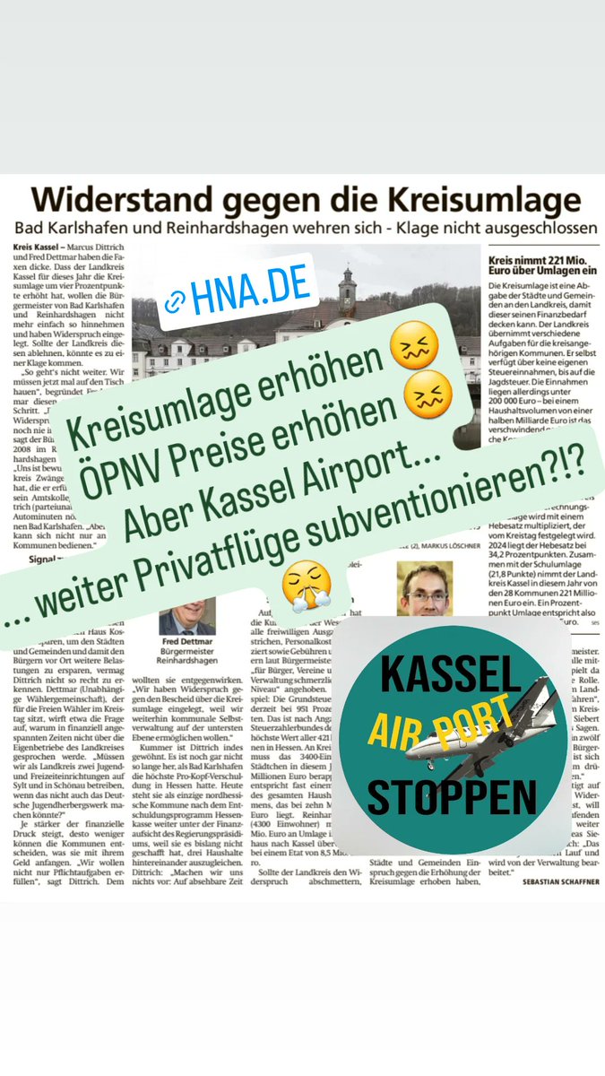 Zwei Gemeindenim LK Kassel erwägen gegen die steigende Kreisumlage zu klagen. Aber fossile Subventionen sollen weiterlaufen?!?
#KasselAirportStoppen!
hna.de/lokales/hofgei…