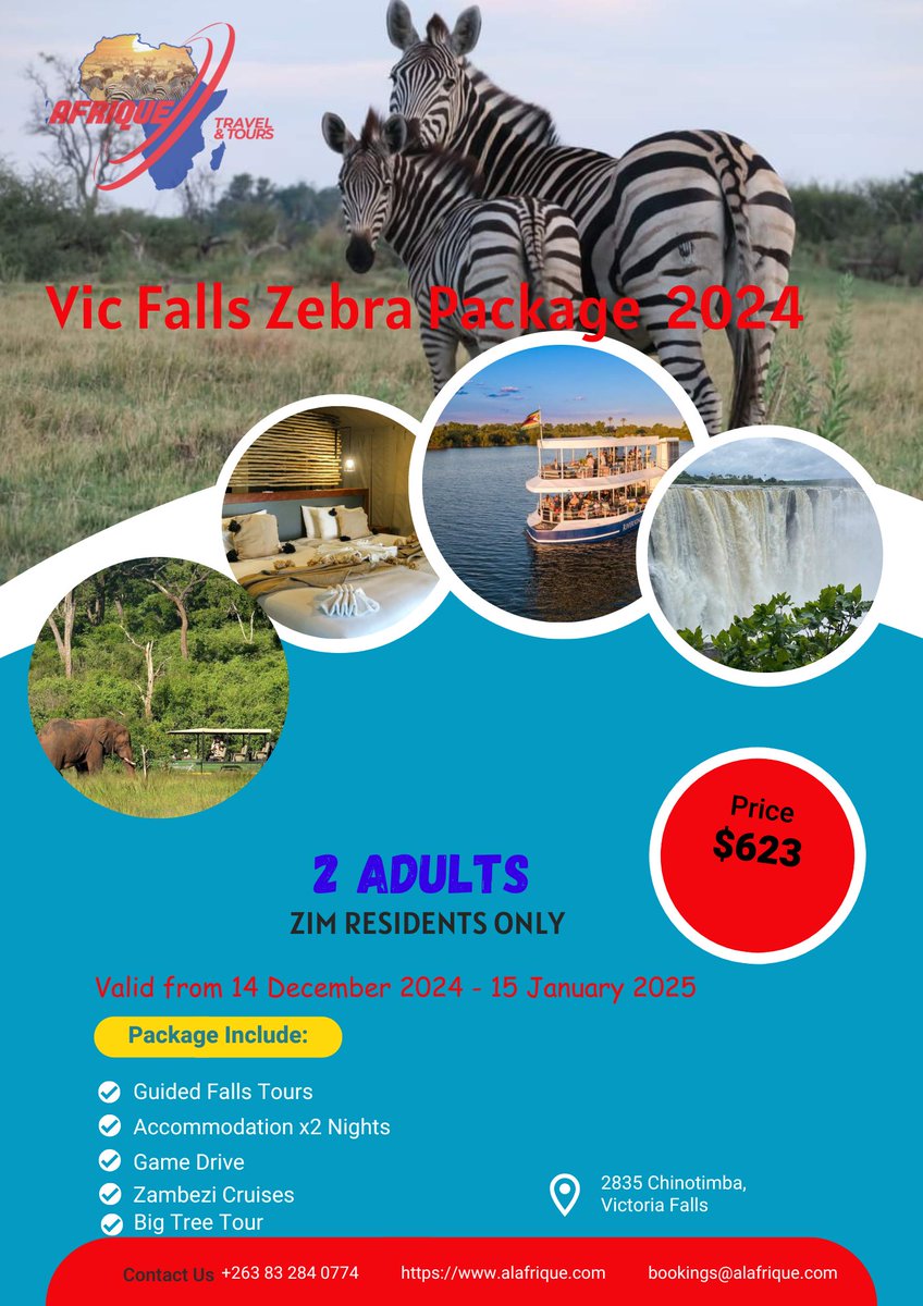 AlafriqueZ's tweet photo. We have these and many more packages for your festive holiday in Victoria Falls. Visit https://t.co/Zl1l5GUeSq or email bookings@alafrique.com for bookings. WhatsApp +263772509354

#TourAfrica2024 #VisitVictoriaFalls #Alafrique #RefreshWithAnAdventure https://t.co/vMHJjbhhXE