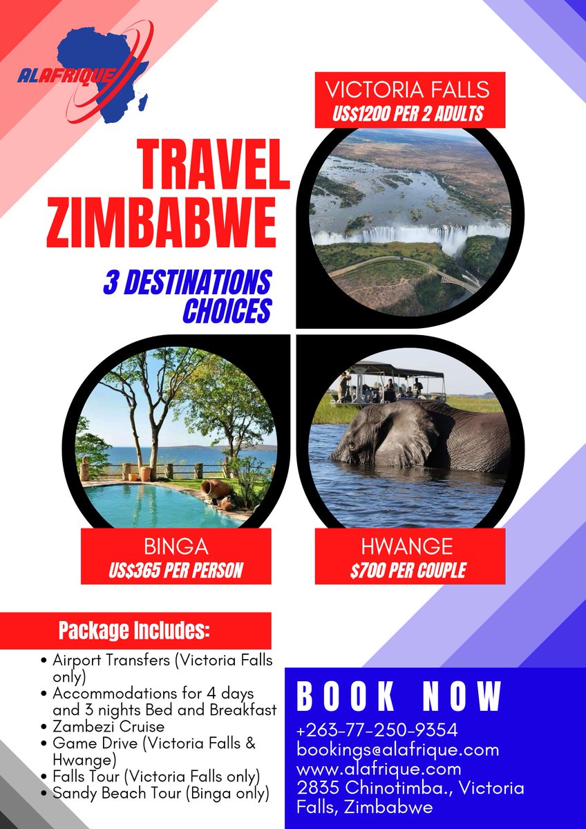 AlafriqueZ's tweet photo. We have these and many more packages for your festive holiday in Victoria Falls. Visit https://t.co/Zl1l5GUeSq or email bookings@alafrique.com for bookings. WhatsApp +263772509354

#TourAfrica2024 #VisitVictoriaFalls #Alafrique #RefreshWithAnAdventure https://t.co/vMHJjbhhXE