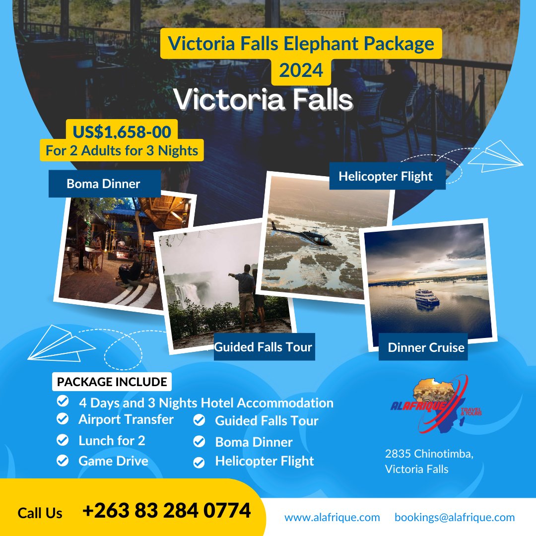 AlafriqueZ's tweet photo. We have these and many more packages for your festive holiday in Victoria Falls. Visit https://t.co/Zl1l5GUeSq or email bookings@alafrique.com for bookings. WhatsApp +263772509354

#TourAfrica2024 #VisitVictoriaFalls #Alafrique #RefreshWithAnAdventure https://t.co/vMHJjbhhXE