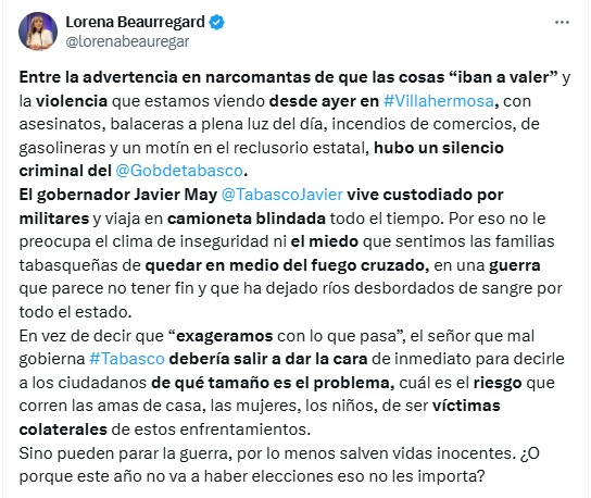 xevtfm's tweet photo. 💬"En vez de decir que 'exageramos con lo que pasa', el señor que mal gobierna #Tabasco debería salir a dar la cara de inmediato para decirle a los ciudadanos de qué tamaño es el problema", escribe @lorenabeauregar sobre los hechos delictivos que están ocurriendo desde ayer miércoles en Villahermosa