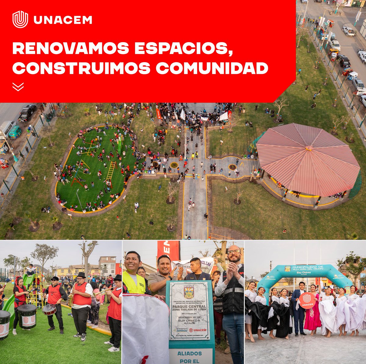 Junto a la Municipalidad de Villa María del Triunfo y la comunidad, en UNACEM revitalizamos el Parque Central de Tablada de Lurín. 

Ahora las familias disfrutan áreas verdes, anfiteatro, gimnasio al aire libre y un entorno seguro, construyendo juntos un futuro sostenible.