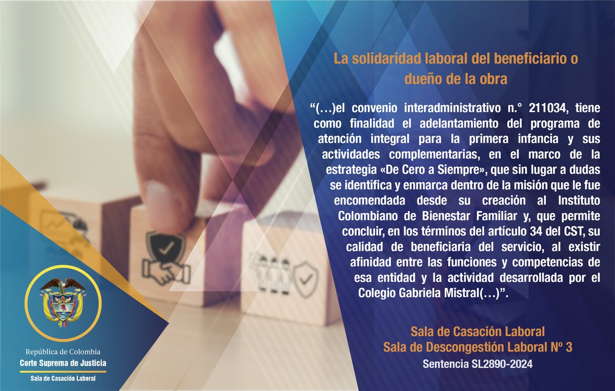 CorteSupremaJ's tweet photo. #SalaLaboral: @ICBFColombia es solidariamente responsable de las obligaciones que debe pagar una institución que trabajó en la estrategia "De Cero a Siempre", porque existe afinidad entre sus funciones y los servicios que prestaron los demandantes.
Ver: https://t.co/9LAuwL8zpa https://t.co/XCPFsdqGJL