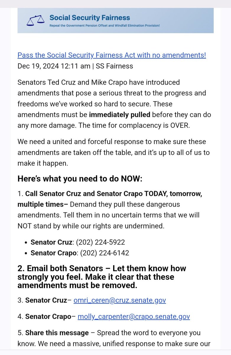 RepealWEP's tweet image. RED ALERT:

From Social Security Fairness December 19, 12:11 a.m. #WEP #HR82