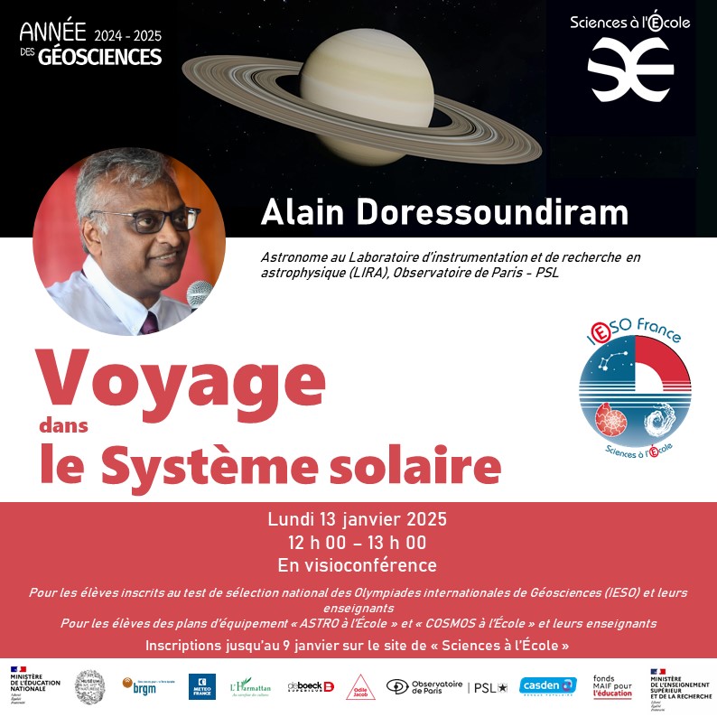 🪐Vos élèves sont inscrits au test national de sélection IESO 2025 ? Participez avec eux à la conférence « Voyage dans le Système solaire », par Alain Doressoundiram. Plus d'informations et inscriptions :
sciencesalecole.org/ieso-conferenc…
#AnnéeDesGéosciences #IESO