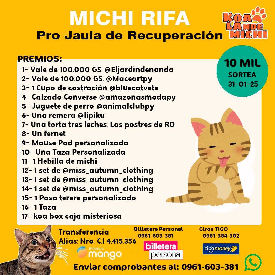 Buenas 👋🏻 ya tenemos lista nuestra Michi Rifa: Pro Jaula.

Se agradece los RTs... 👋🏻🐱

RT 👇🏻