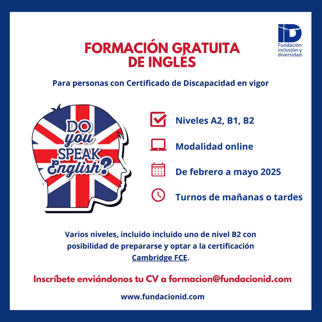 🇬🇧 📚 Varios estudios indican que el dominio del inglés aumenta las oportunidades laborales. Ofertamos cursos para personas con discapacidad de manera gratuita en la obtención del certificado de los niveles A2, B1 y  B2
Entra en: fundacionid.com/formaciones/