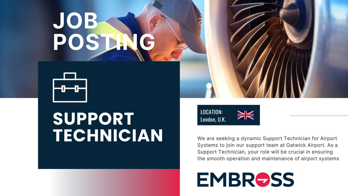 EmbrossKiosk's tweet photo. 🇬🇧 We are seeking a dynamic Support Technician for Airport Systems to join our support team at @Gatwick_Airport! Your role will be crucial in ensuring the smooth operation and maintenance of airport systems.

Apply today! ⬇️
https://t.co/B6edkg1vA4 

@RAULINEJL @Aviation_Joey https://t.co/rqUuK8E4oL