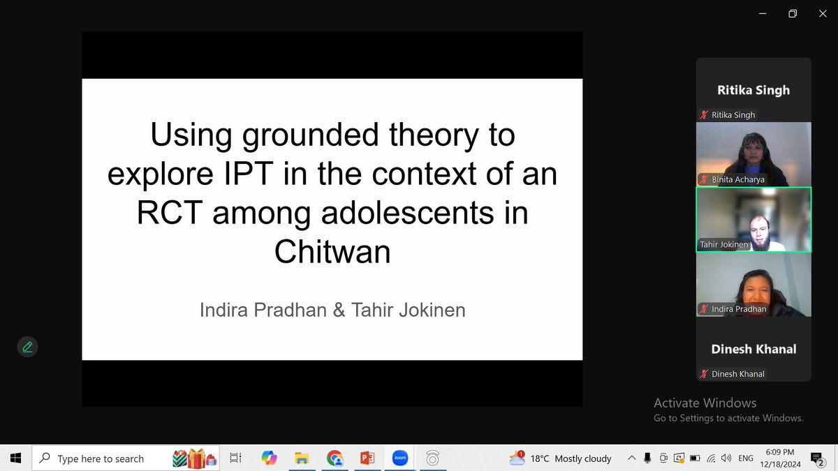 🎥 Missed our 35th #WebinarSeries?

Catch the recording of Ms. Indira Pradhan &amp; Dr. Tahir Jokinen on "Using Grounded Theory to Explore IPT in a Randomized Control Trial among Adolescents in Chitwan."
👉 Watch here:youtube.com/watch?v=xLU0nm…