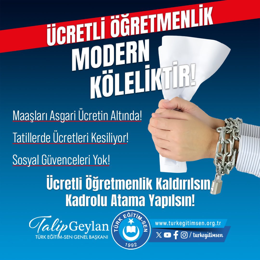 Eğitimimizin öncelikle çözülmesi gereken problemi, öğretmen açığıdır.
Ücretli öğretmen görevlendirilmesine ihtiyaç kalmayacak sayıda KADROLU öğretmen ataması yapılmalıdır.
