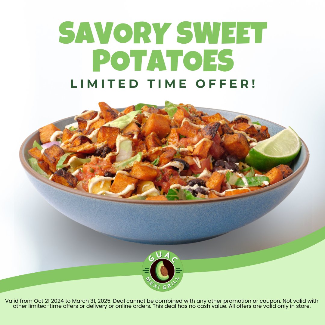 Calling all sweet potato lovers! ✨

Don’t miss our Savory Sweet Potatoes, available only until March 31, 2025! 🔥

🥑 Find your nearest Guac Location: guacmexigrill.ca/locations/ 
🌮 Order Online: guacmexigrill.ca/guacmenu/