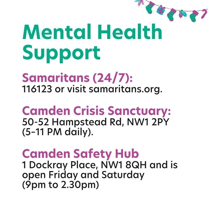 📣The College will be closed from Friday 20th December (noon) to Thursday 2nd January. 

If you or someone you know needs support, here are a few organisations offering help over the festive period.