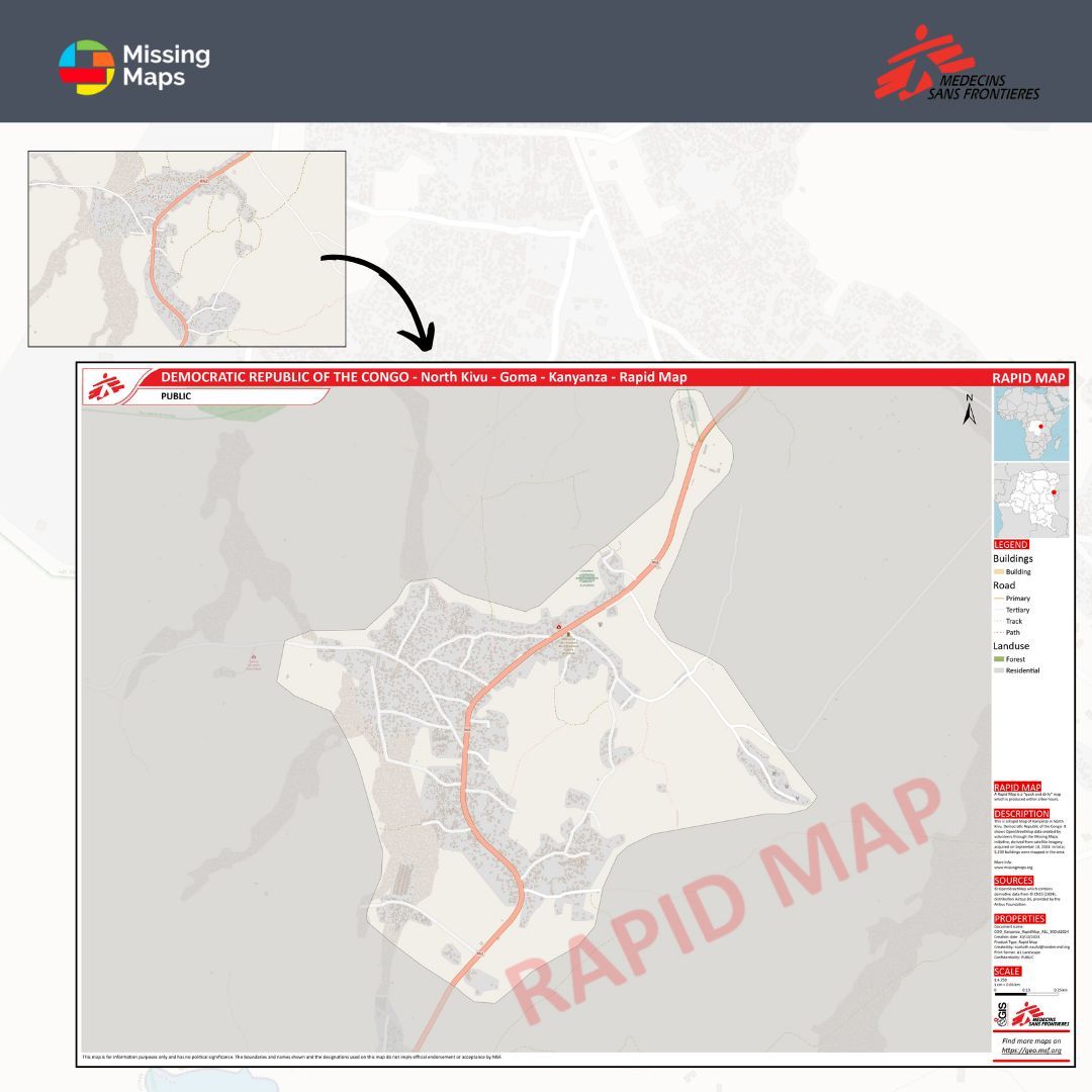 IDP camps around Goma city in the Democratic Republic of Congo are rapidly expanding as violent armed clashes in North Kivu province force many to flee their homes.
➡️Check out this #msf Rapid Map recently produced using #osm data contributed through a Missing Maps campaign: