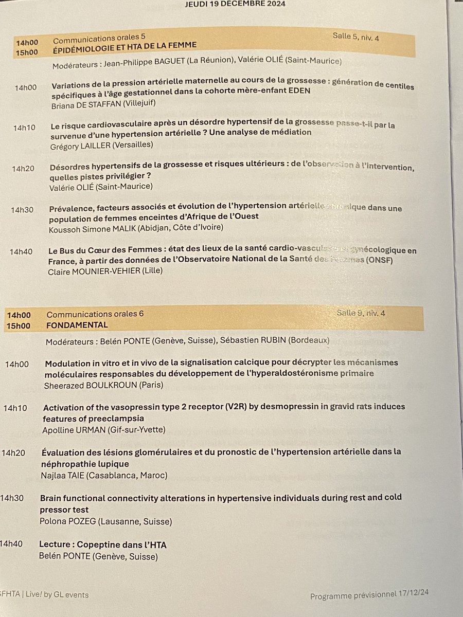 4 sessions parallèles jeudi 19 décembre des communications orales et 3 lectures : risques CV et pollution@TDenolle, Microbiote et HTA@JAmar, Copeptine et HTA@BPonte
