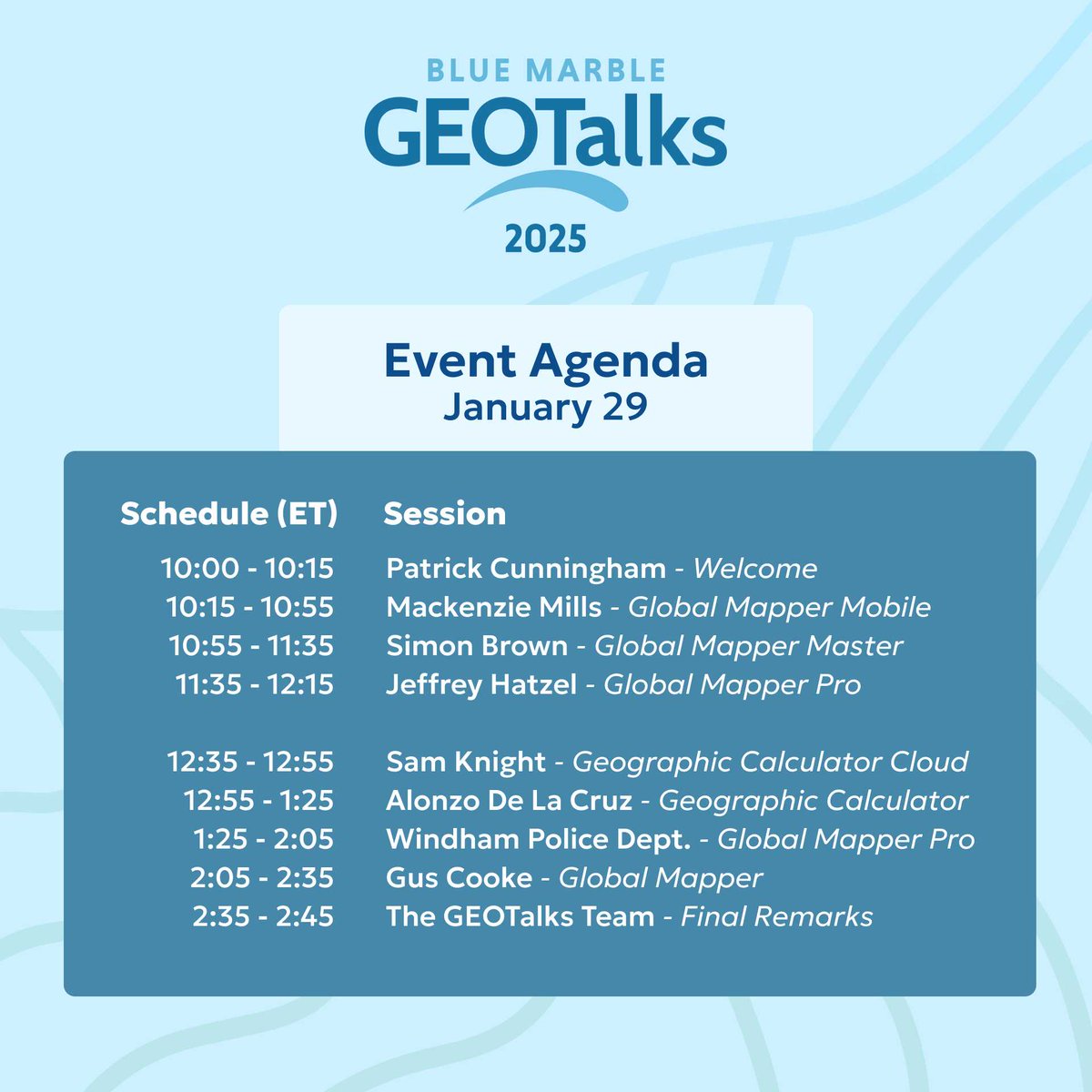 BlueMarbleGeo's tweet image. At the #GEOTalksUC, you&apos;ll hear from industry professionals and software experts about cutting-edge applications of Global Mapper and Geographic Calculator. Join us for this insight-driven event: ow.ly/4RpB50Uu96V
-
#globalmapper #geographiccalculator #contourmap