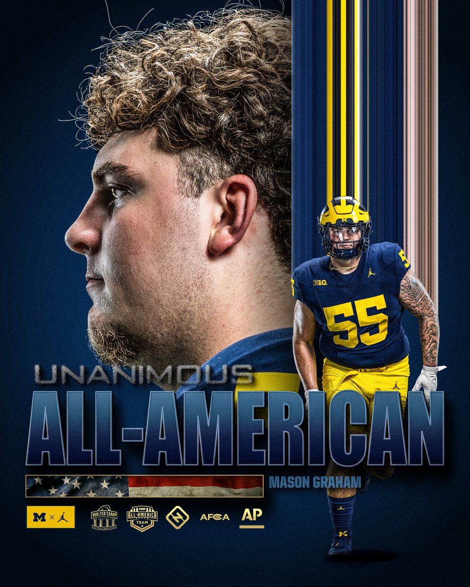 UMichFootball's tweet photo. Walter Camp ☑️
AFCA ☑️
AP ☑️
FWAA ☑️
Sporting News ☑️

All the outlets agree, @MasonGraham_55 is a unanimous All-American!

#GoBlue https://t.co/IBRVVH8TvP