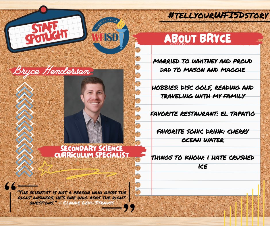 This week’s #StaffSpotlight is on Bryce Henderson, our Secondary Curriculum Science Specialist! Bryce is passionate about his family, cherry ocean water, and El Tapatio. Thank you, Bryce, for being an amazing part of #teamWFISD!🎊👨‍🔬