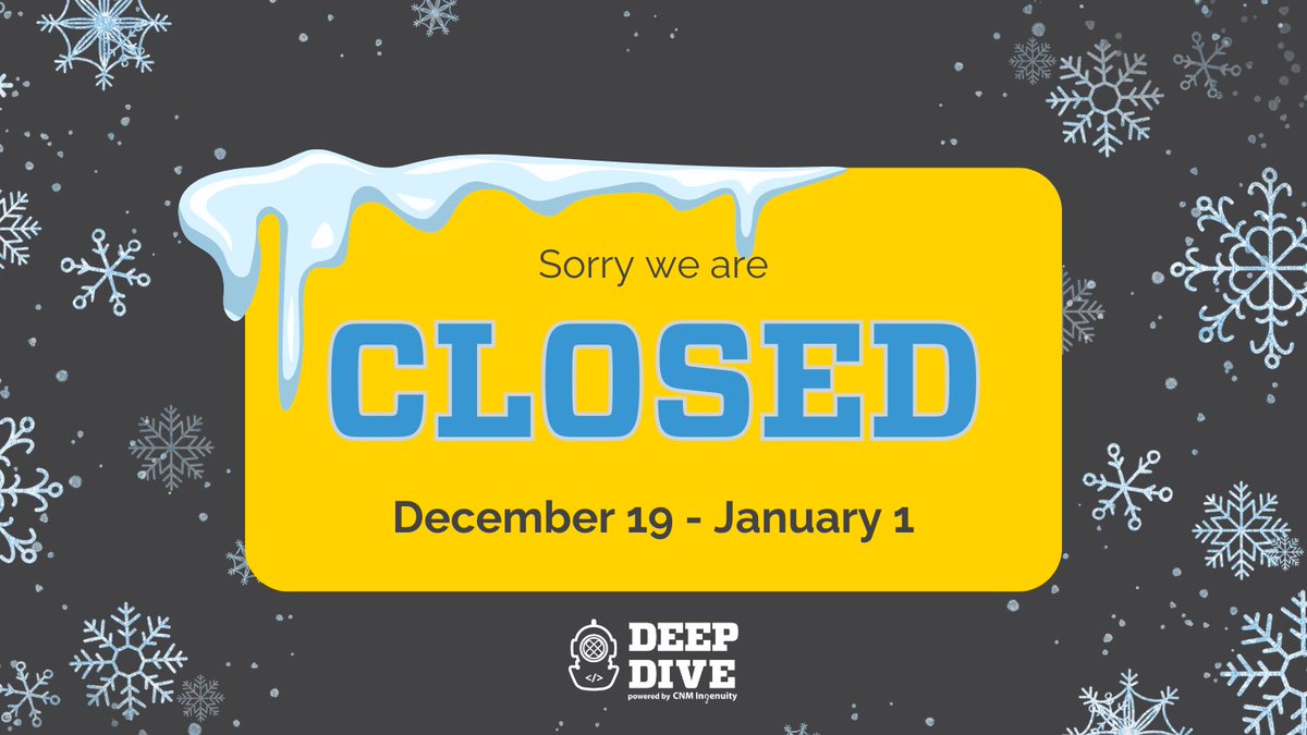 DeepDiveCoding's tweet image. All #deepdivecoding campuses and offices will be closed for Winter Break from Thursday, Dec. 19, through Wednesday, Jan. 1. 

On Thursday, Jan. 2, Deep Dive Coding will resume normal hours of operations.

Enjoy your #Holidays!

#winterbreak