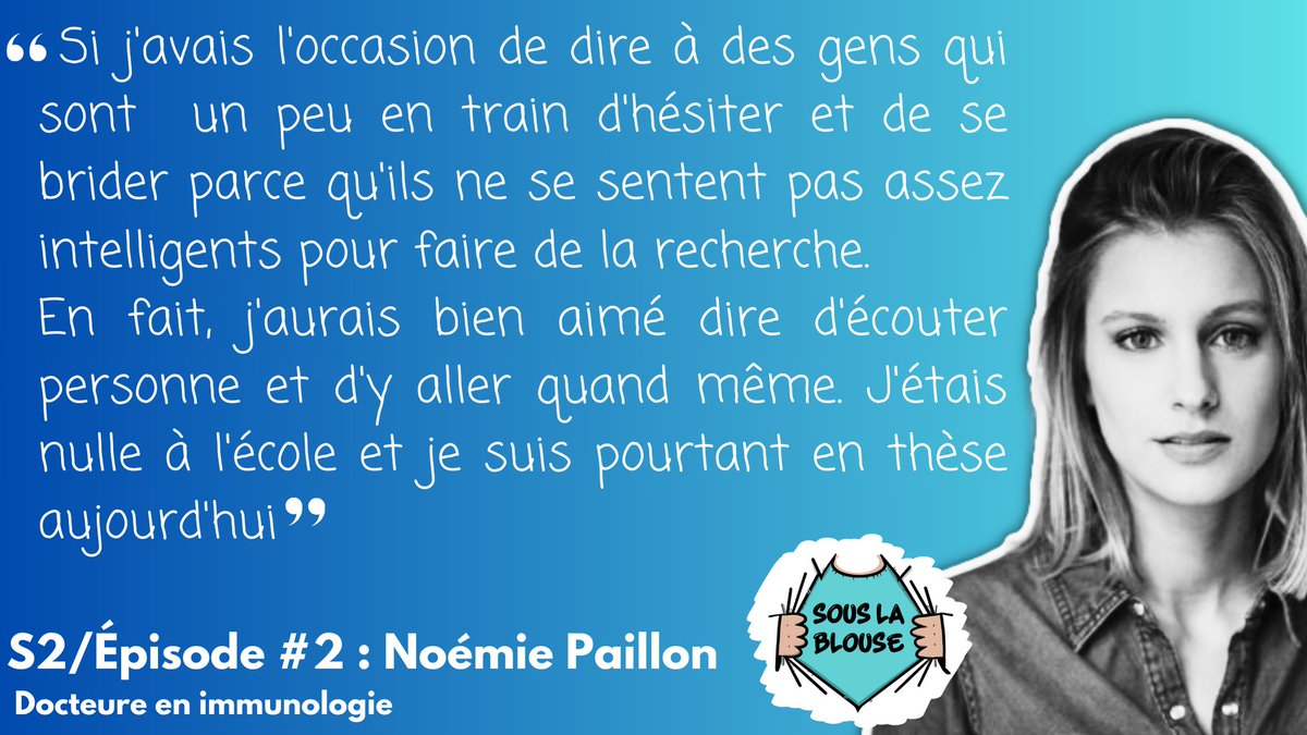SousLaBlouse's tweet image. 🦌 Calendrier de l’avent J19 !
@NoemiePaillon, dre en immunologie
« Si j&apos;avais l&apos;occasion de dire à des gens qui  sont en train de se brider parce qu&apos;ils ne se sentent pas assez intelligents pour faire de la recherche, d&apos;écouter personne et d&apos;y aller»
🎧 smartlink.ausha.co/sous-la-blouse…