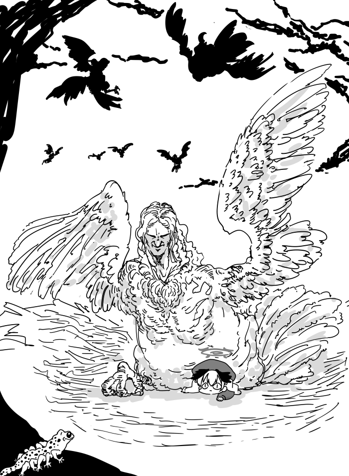 ファンボックスに『コハルがハーピーに遭遇し「食べられる!」と身構えるも優しくふわふわの羽毛の下でホカホカにされて眠ってしまう』リクエストが来たので描いたのですが、描いてからリクをよく見たら『ハーピー(ハスミ)』とあって、もう何もかもが手遅れになってしまったのです 