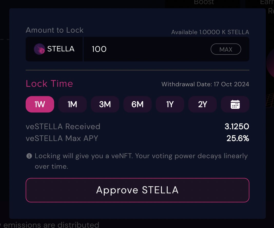 StellaSwap's tweet photo. Locking STELLA for 2 years = 100% power 
➡️ 100 STELLA = 100 veSTELLA

Locking STELLA for 1 week = 3.1% power 
➡️ 100 STELLA = 3.125 veSTELLA

TLDR: Max lockers will earn 33X more than min lockers. Which will you be?

#DaysAway