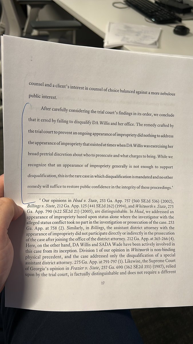 *The key paragraph*

Georgia Court of Appeals disqualifies Fulton DA Fani Willis from ongoing Trump election interference prosecution 

“this is the rare case in which disqualification is mandated and no other remedy will suffice to restore public confidence”

#GApol