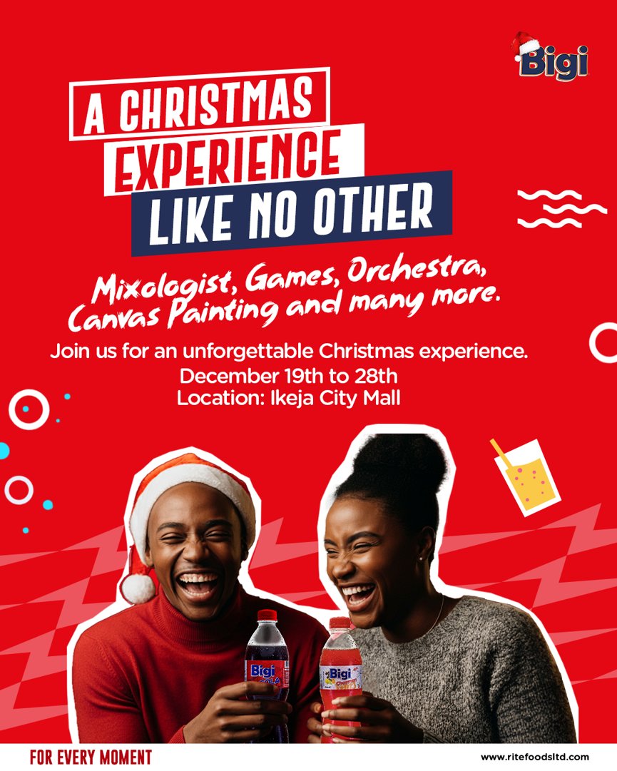 drinkbigi's tweet photo. Join us at Ikeja City Mall Car Park from December 19th to 28th between 10am to 6pm for an unforgettable experience filled with fun, games, and excitement! Entry is free.
#BigiFlavoursOfChristmas #13DaysOfChristmas #BigiForEveryMoment #ExploreYourFlavour #DrinkBigi https://t.co/GP0Y637Fte