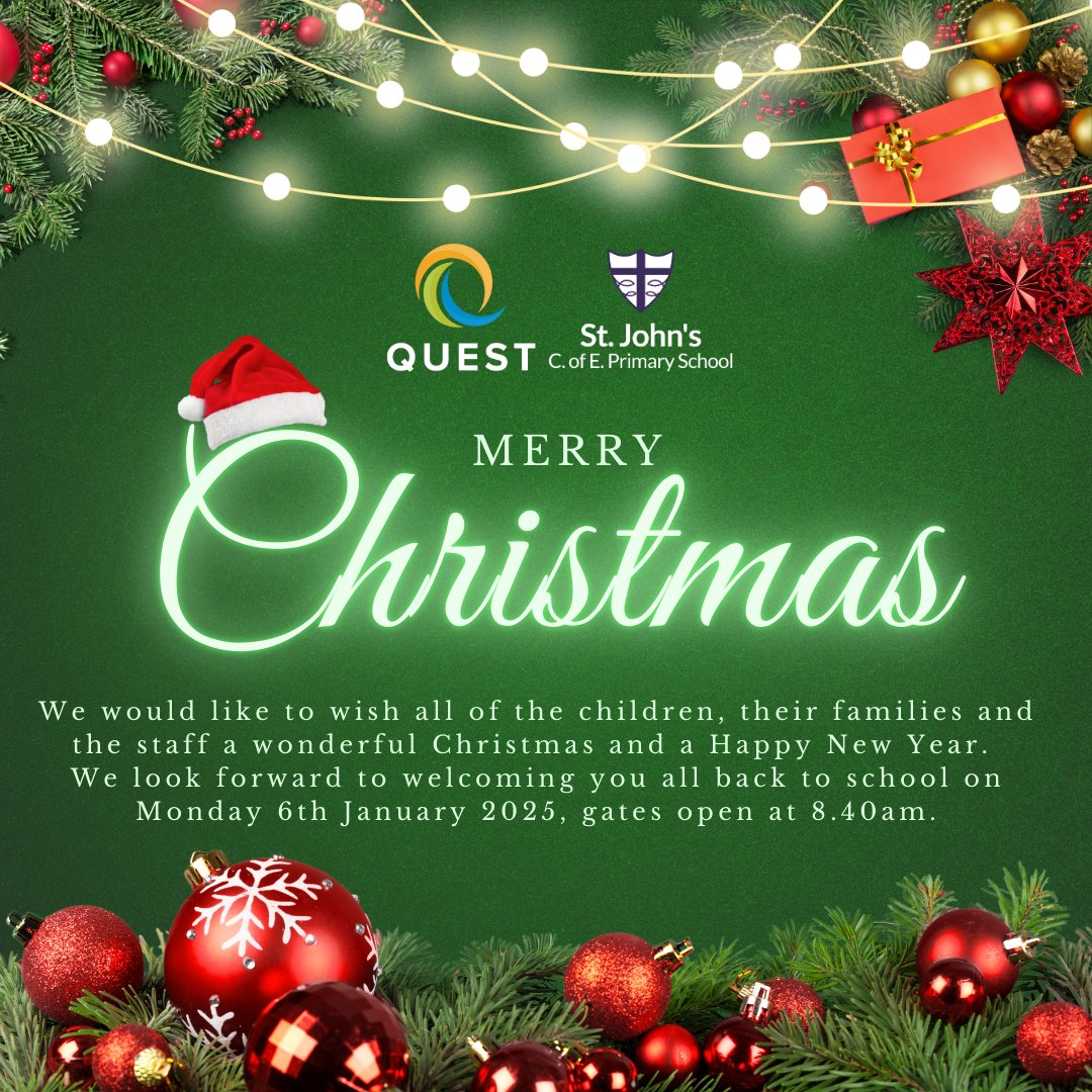 The Christmas break is here!
We would like to wish you all a wonderful Christmas &amp; a Happy New Year.
Take time to rest, recharge  &amp; make memories together.
School returns on Monday 6th January, gates open at 8.40am.
<a href="/QUESTtrust/">QUEST</a> <a href="/PlayPals_QUEST/">PlayPals Childcare Ltd</a> 
#TeamAbram #Quest #Christmas