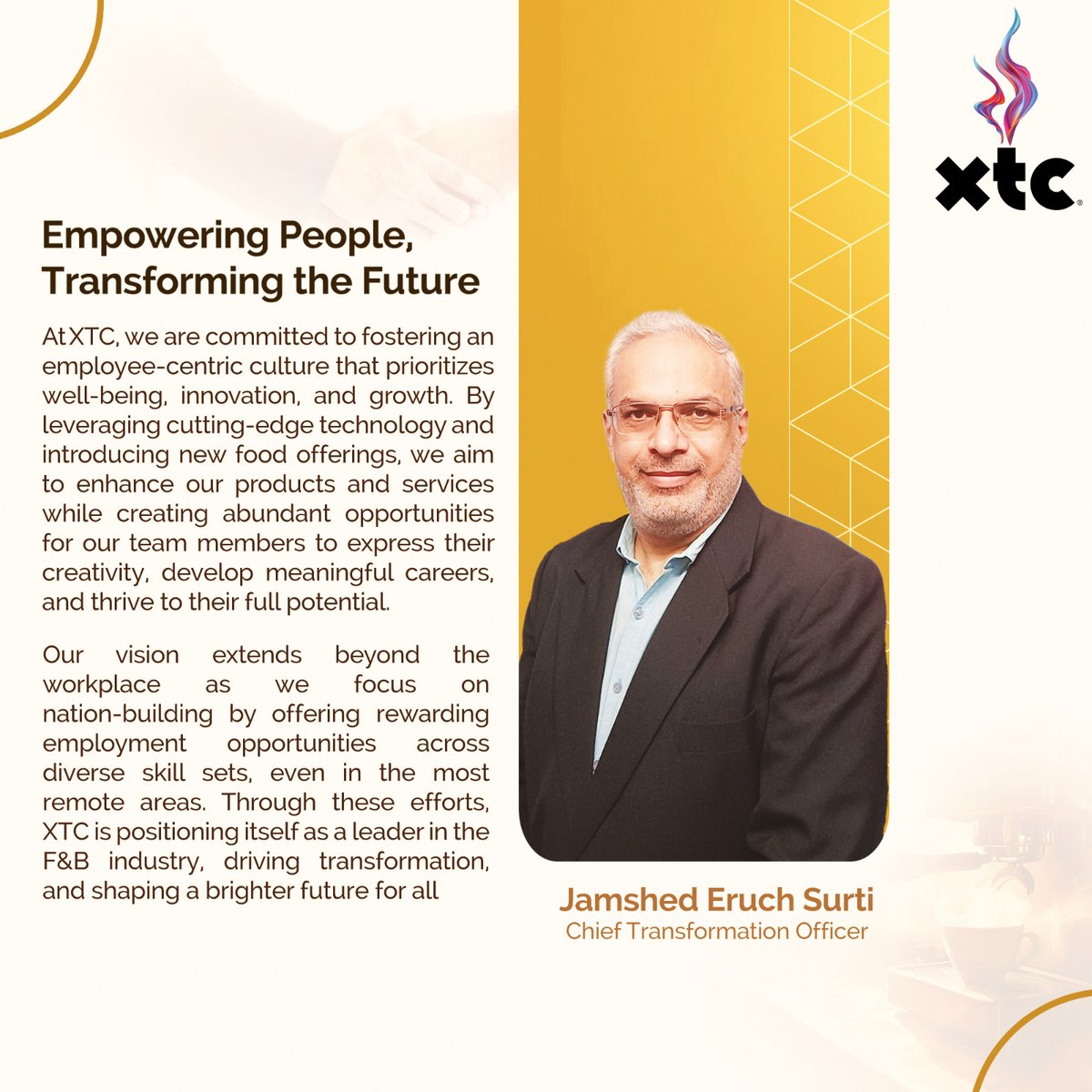 xtc_talks's tweet photo. Our Chief Transformation Officer, Mr. Jamshed Eruch Surti, shares XTC’s commitment to empowering people and driving transformation.

Here’s to growth, transformation, and endless possibilities ahead!

#LeadershipThought #TransformingTheFuture #Innovation #Growth #FandBIndustry https://t.co/2soinhhY3m