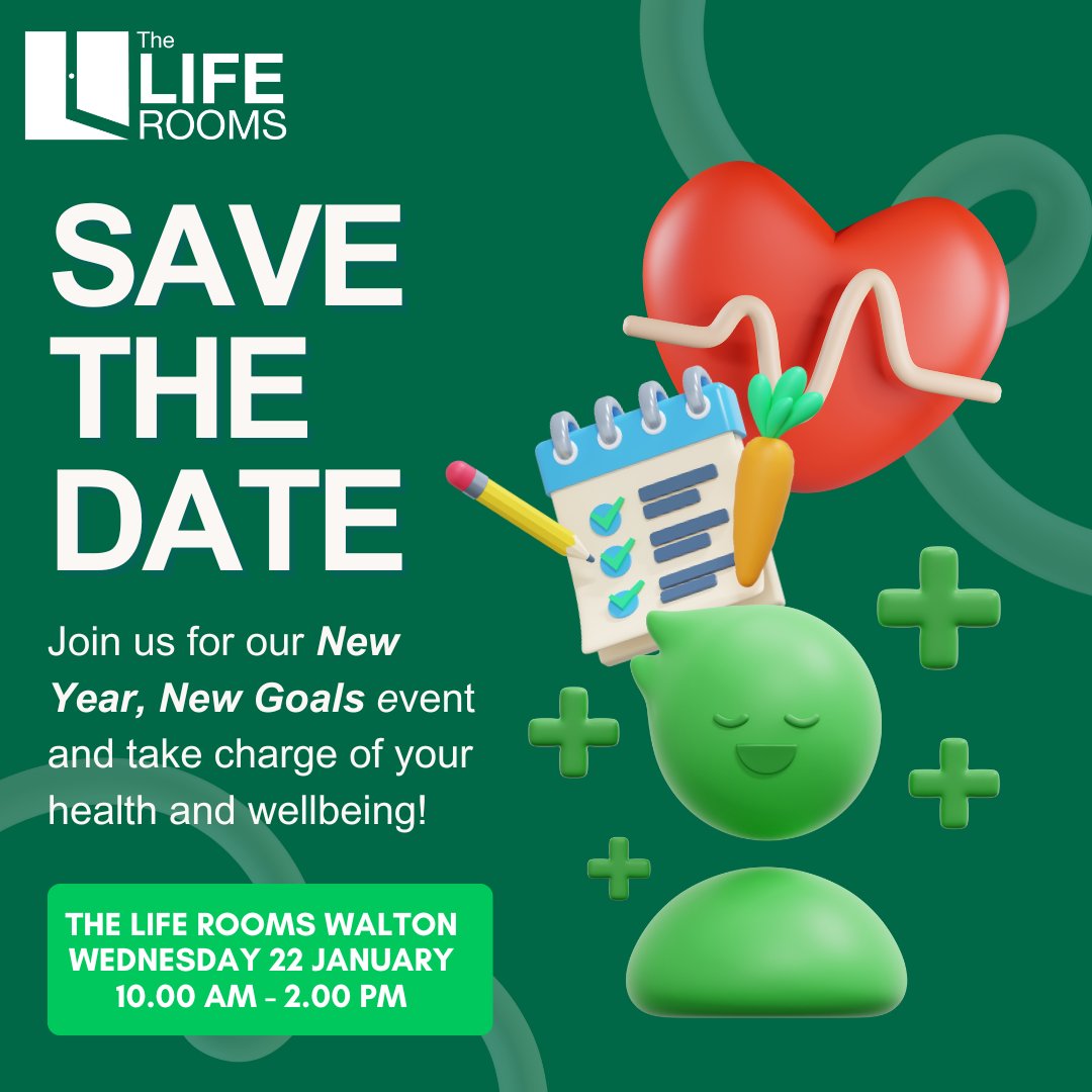 Save the date! We'll be kickstarting 2025 with advice and tips on setting and achieving goals that support your health and wellbeing 💚

The Life Rooms Walton
Wednesday 22 January
10.00 am - 2.00pm