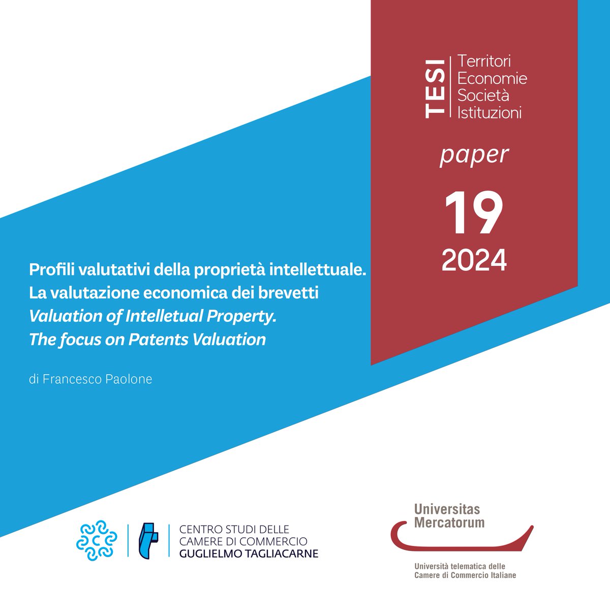 “Profili valutativi della proprietà intellettuale. La valutazione economica dei brevetti Valuation of Intelletual Property. The focus on Patents Valuation”, è il nuovo numero di tesi del <a href="/IstTagliacarne/">Centro Studi G. Tagliacarne</a> e #UniMercatorum

🗞️ Link per leggere il paper bit.ly/Profili-valuta…