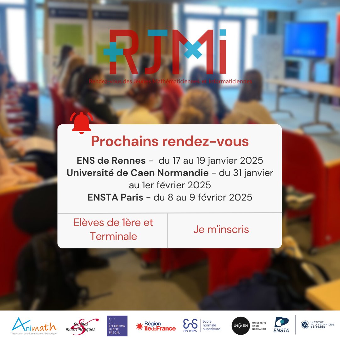 Filles, maths et informatique (@fillesetmaths) on Twitter photo 🎉 Les #RJMI continuent en 2025 !
📍<a href="/ENSRennes/">ENS Rennes</a> du 17 au 19 janvier 2025
📍<a href="/Universite_Caen/">Université de Caen Normandie</a> du 31 janvier au 1er février 2025
📍 <a href="/ENSTAParis/">ENSTA Paris</a> du 8 au 9 février 2025
🔗 Les inscriptions sont déjà ouvertes : forms.gle/dKq1M9Qt2jmvVD… 🎉 Les #RJMI continuent en 2025 !
📍<a href="/ENSRennes/">ENS Rennes</a> du 17 au 19 janvier 2025
📍<a href="/Universite_Caen/">Université de Caen Normandie</a> du 31 janvier au 1er février 2025
📍 <a href="/ENSTAParis/">ENSTA Paris</a> du 8 au 9 février 2025
🔗 Les inscriptions sont déjà ouvertes : forms.gle/dKq1M9Qt2jmvVD…