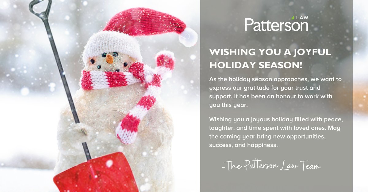 PattersonLawNS's tweet photo. Happy Holidays from Patterson Law!

📅 Holiday Office Hours:
• Closed: December 23rd to December 29th
• Open: December 30th and the morning of December 31st
• Closed: Afternoon of December 31st and January 1st

 Stay safe and enjoy the holidays! https://t.co/xHnbfj76qJ