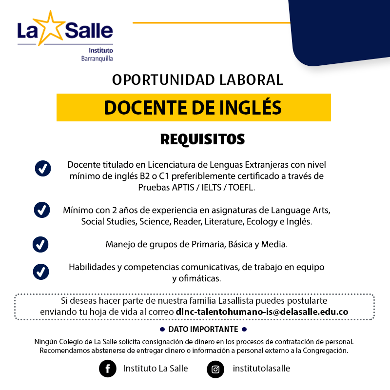 islasalle's tweet photo. #OportunidadLaboral

¡Tenemos vacantes disponibles!

Si eres una persona apasionada, comprometida y con vocación esta es tú oportunidad. 

¿Cómo postularte?
Envía tu CV a dlnc-talentohumano-is@delasalle.edu.co y únete a nuestra gran familia Lasallista. https://t.co/W6wKu10jEa