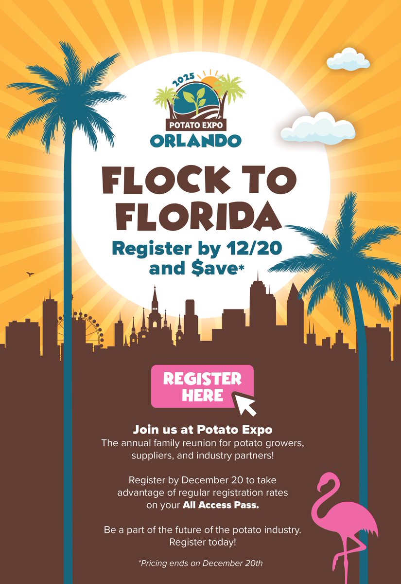 Tomorrow is your LAST DAY to save on regular registration rates for the largest #potato industry conference and trade show in North America! Plant the seeds for a successful 2025 by kicking off the year at #PotatoExpo 2025!!! potato-expo.com
