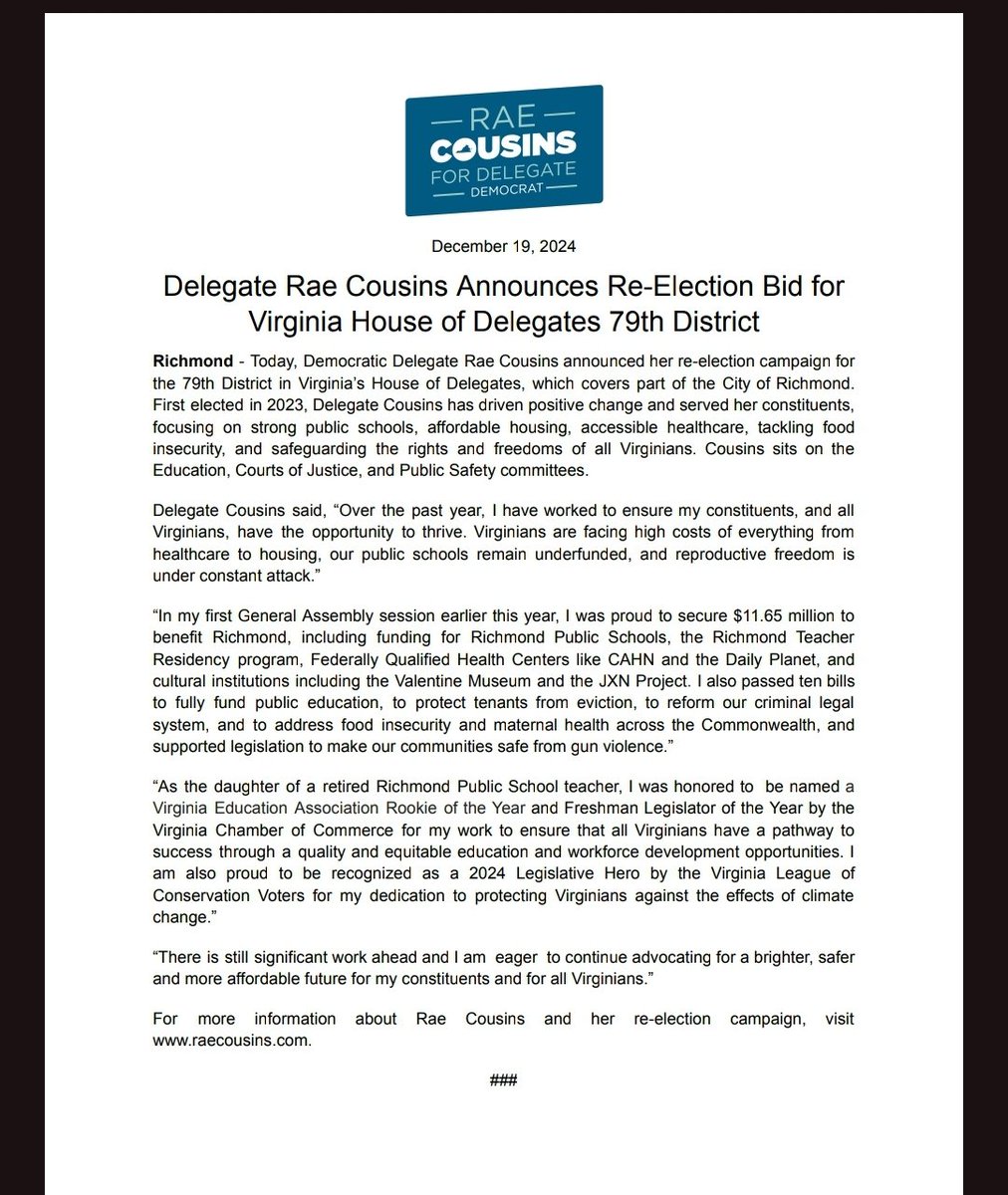 Rae_Cousins23's tweet image. Today, I announced my bid for re-election! It has been an honor representing the communities that raised me in the VA House of Delegates. There is significant work ahead and I am energized and ready to secure a brighter, healthier, and more affordable future for all Virginians.