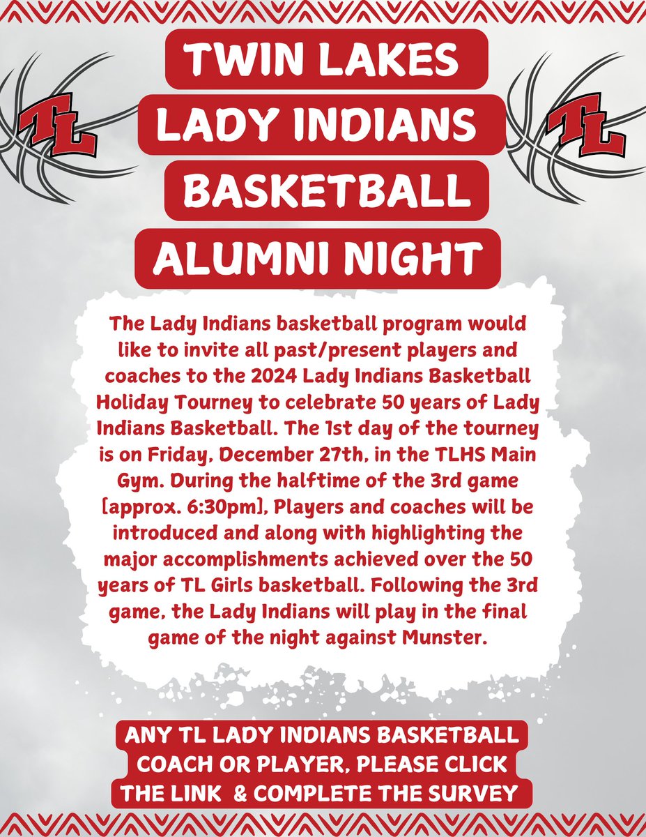 TL Lady Indians basketball Alumni Night on Friday, December 27th. Former players and coaches, please complete the survey no matter if you can make it or not.
forms.gle/2ouQDvGEUSdjah…
<a href="/tl_indians/">TL Indians Athletics</a> 
<a href="/twinlakesschool/">Twin Lakes Schools</a>